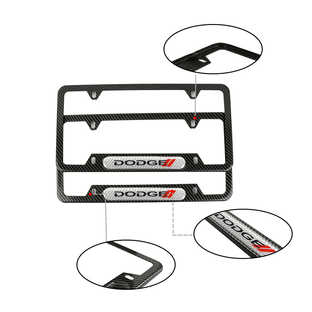 Brand New Universal 2PCS Dodge Carbon Fiber Look Metal License Plate Frame