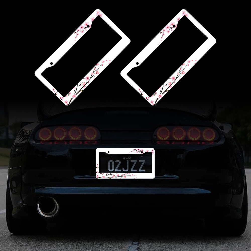 Brand New Universal 2PCS Sakura JDM Flower ABS Plastic White License Plate Frame