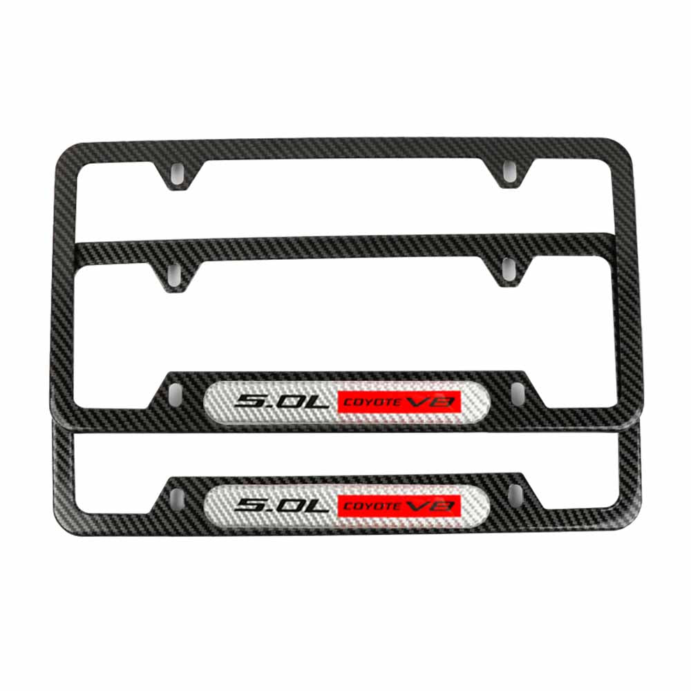 Brand New Universal 2PCS 5.0L COYOTE V8 Carbon Fiber Look Metal License Plate Frame