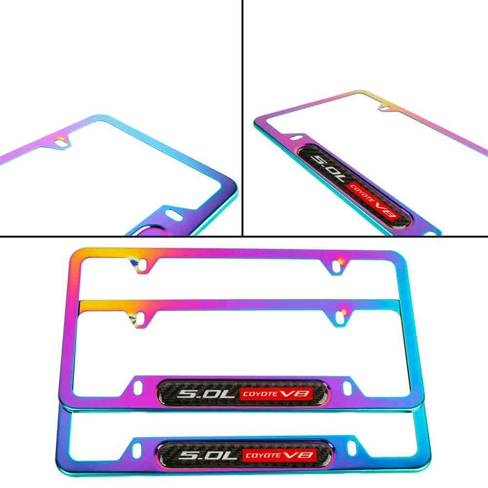 Brand New Universal 2PCS 5.0L COYOTE V8 Neo Chrome Metal License Plate Frame