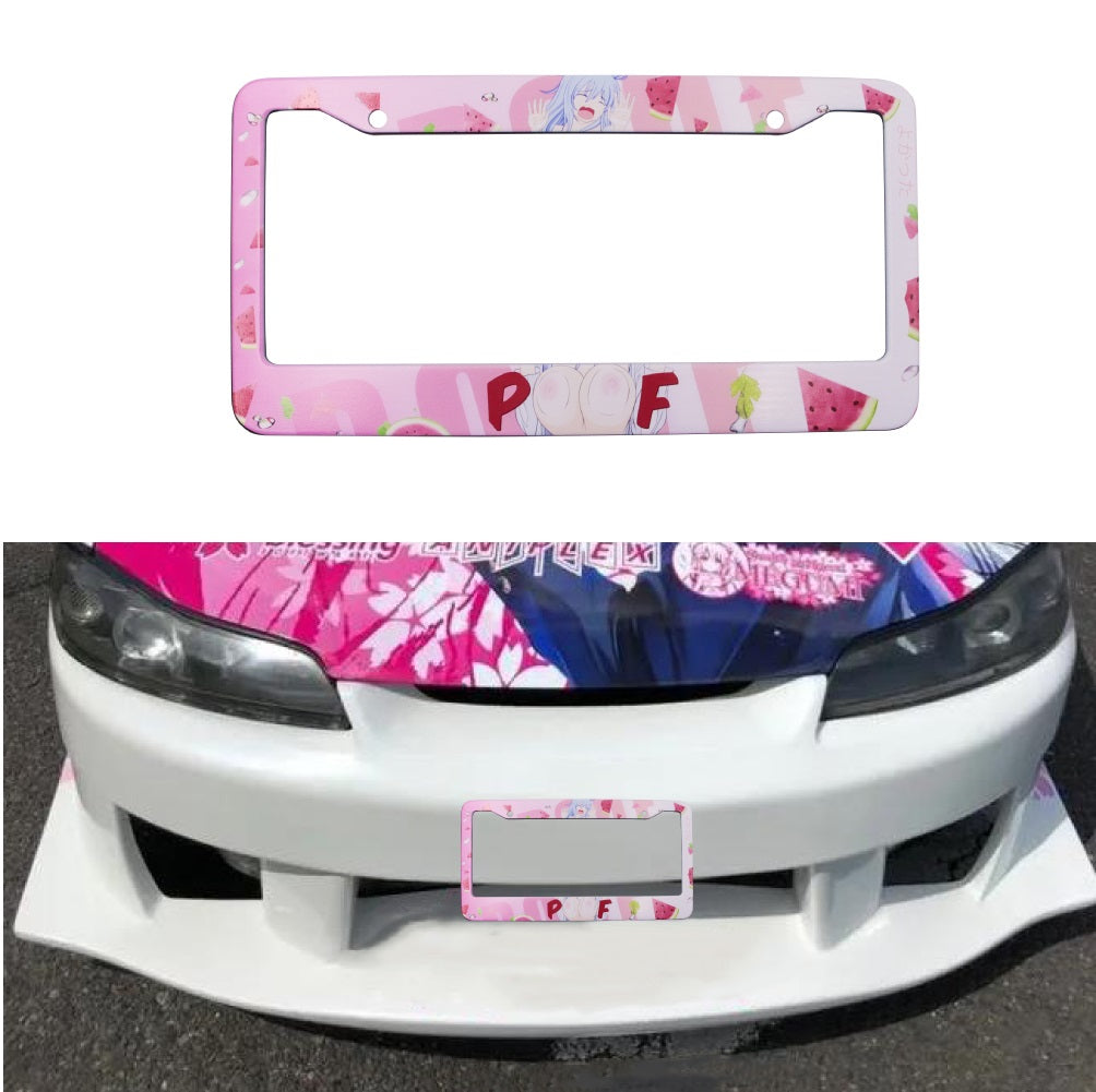 Brand New Universal 1PCS Anime Girl Poof Metal Pink License Plate Frame