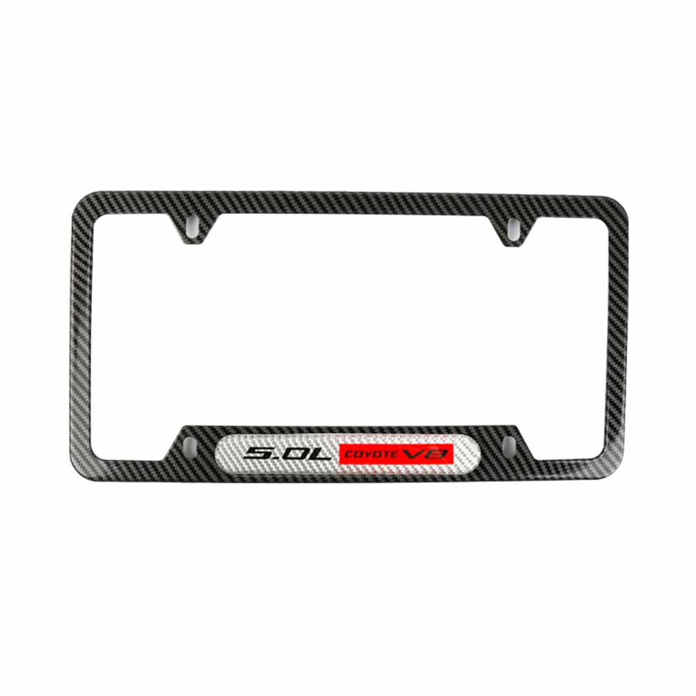 Brand New Universal 2PCS 5.0L COYOTE V8 Carbon Fiber Look Metal License Plate Frame