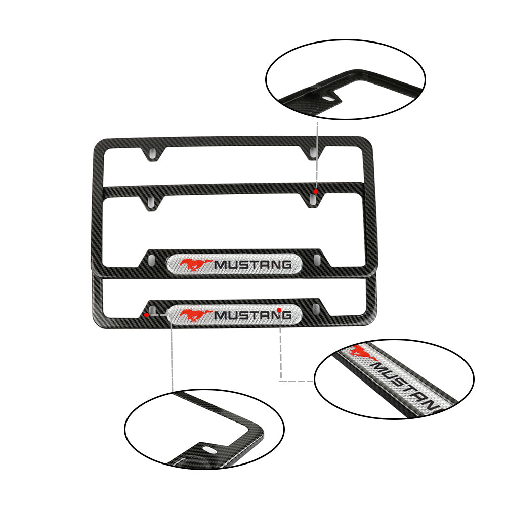 Brand New Universal 2PCS Mustang Carbon Fiber Look Metal License Plate Frame