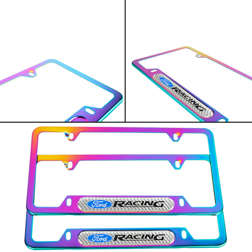 Brand New Universal 2PCS Ford Racing Neo Chrome Metal License Plate Frame