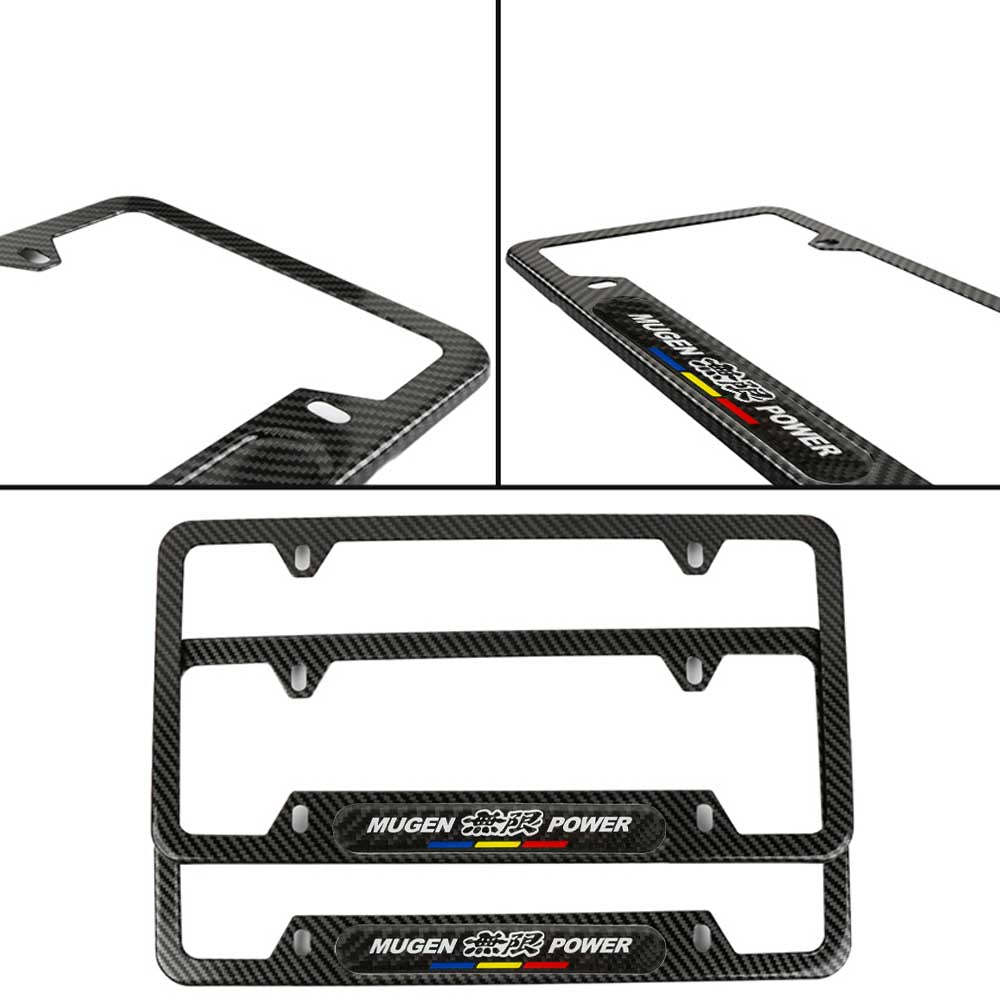 Brand New Universal 2PCS Mugen Power Carbon Fiber Look Metal License Plate Frame