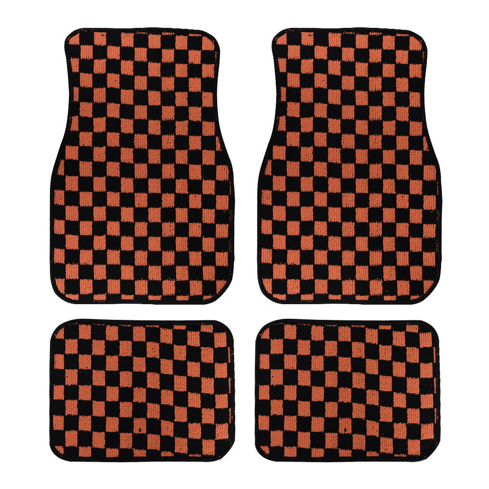 Brand New 4PCS UNIVERSAL CHECKERED Brown Racing Fabric Car Floor Mats Interior Carpets