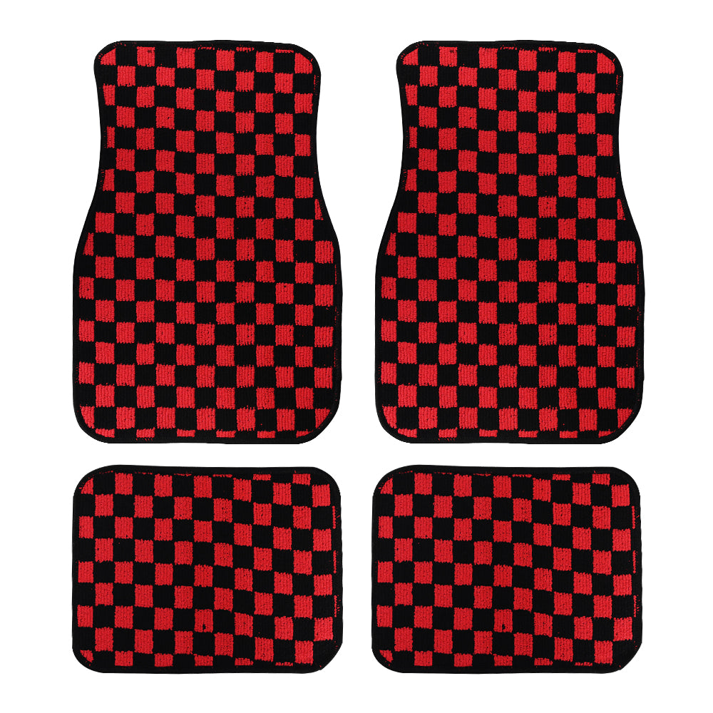 Brand New 4PCS UNIVERSAL CHECKERED Red Racing Fabric Car Floor Mats Interior Carpets