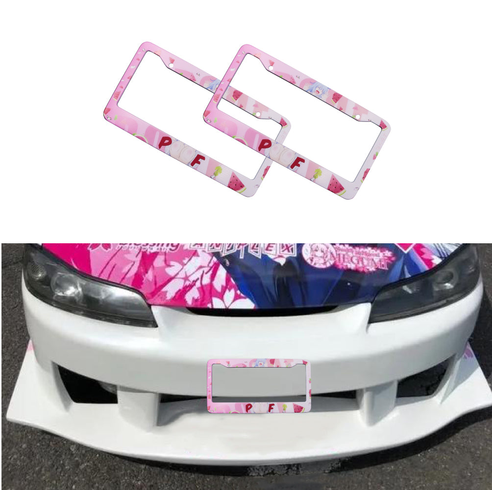 Brand New Universal 2PCS Anime Girl Poof Metal Pink License Plate Frame