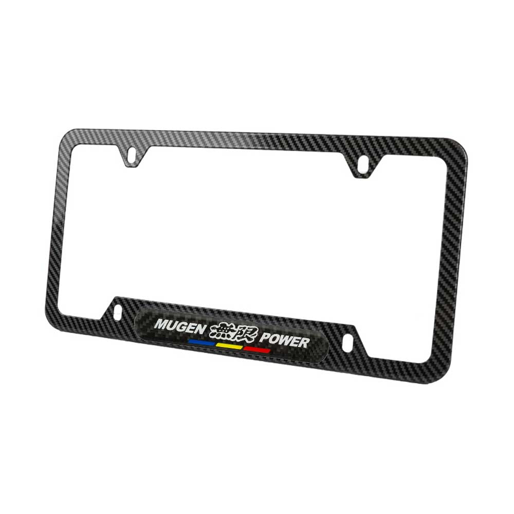 Brand New Universal 2PCS Mugen Power Carbon Fiber Look Metal License Plate Frame