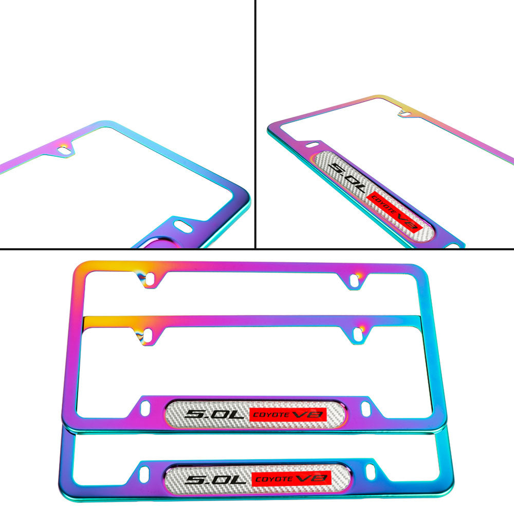 Brand New Universal 2PCS 5.0L COYOTE V8 Neo Chrome Metal License Plate Frame