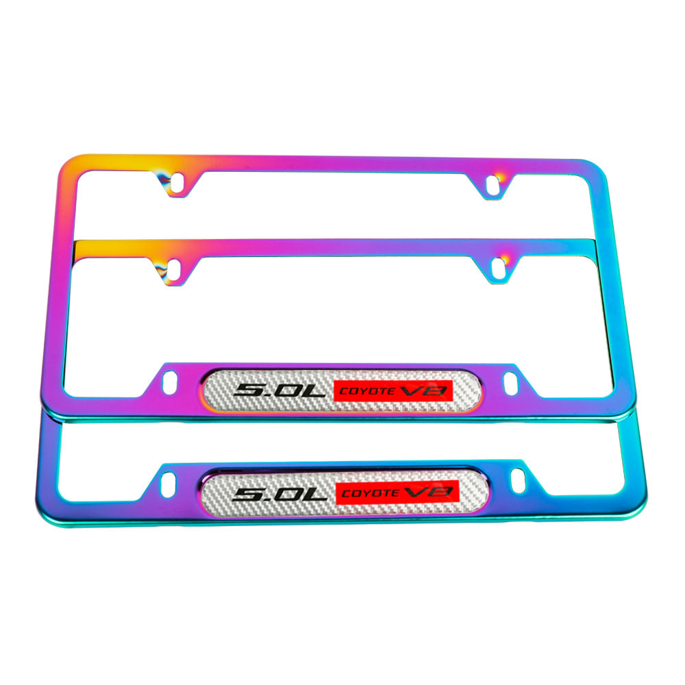 Brand New Universal 2PCS 5.0L COYOTE V8 Neo Chrome Metal License Plate Frame