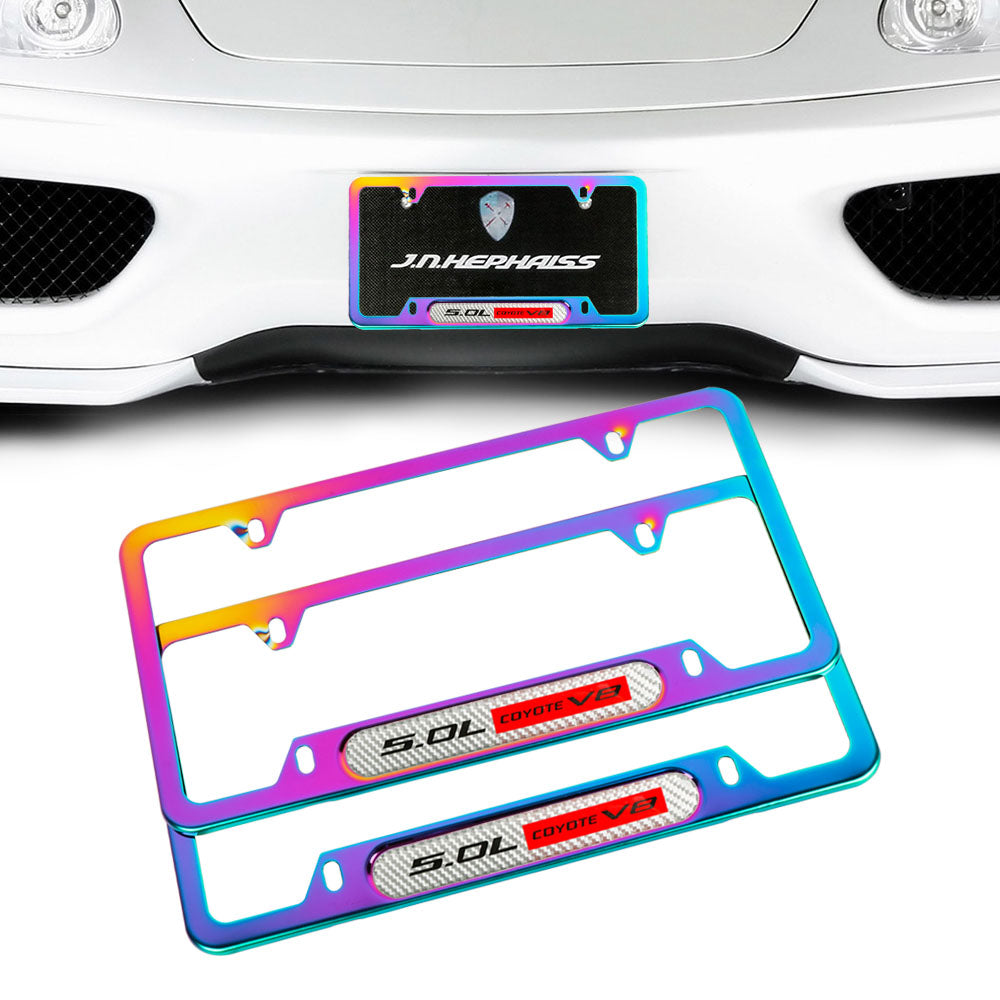 Brand New Universal 2PCS 5.0L COYOTE V8 Neo Chrome Metal License Plate Frame