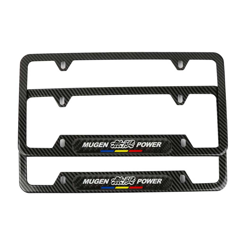 Brand New Universal 2PCS Mugen Power Carbon Fiber Look Metal License Plate Frame