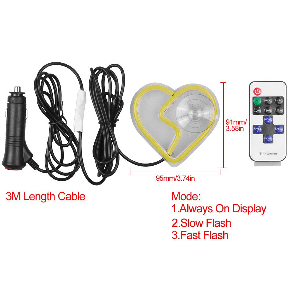 BRAND NEW UNIVERSAL BROKEN LOVE HEART YELLOW LED Neon Flash Light Car Wind Glow Electric Remote Control Lamp