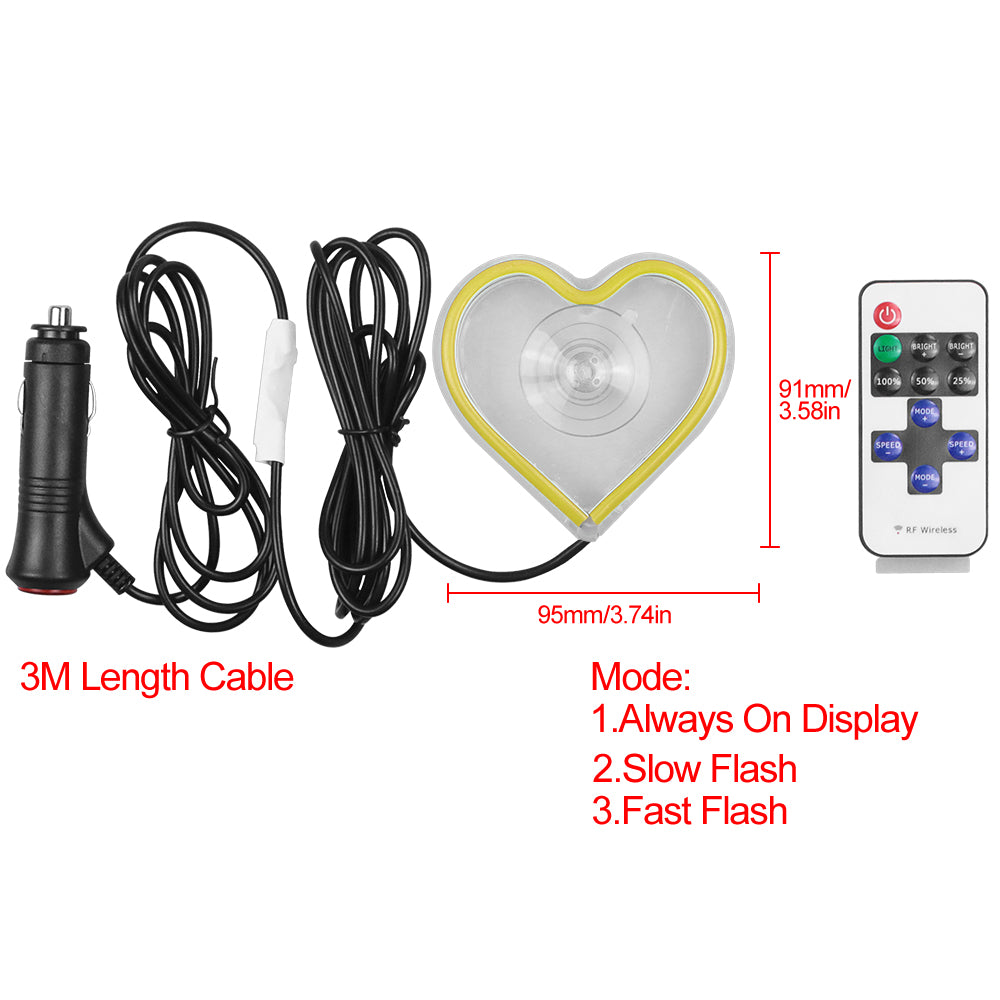 BRAND NEW UNIVERSAL LOVE HEART YELLOW LED Neon Flash Light Car Window Glow Electric Remote Control Lamp