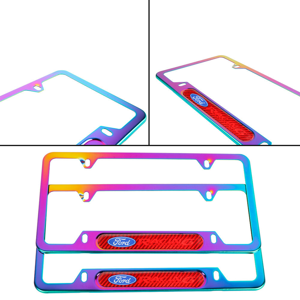 Brand New Universal 2PCS Ford Racing Neo Chrome Metal License Plate Frame