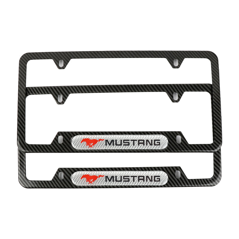 Brand New Universal 2PCS Mustang Carbon Fiber Look Metal License Plate Frame