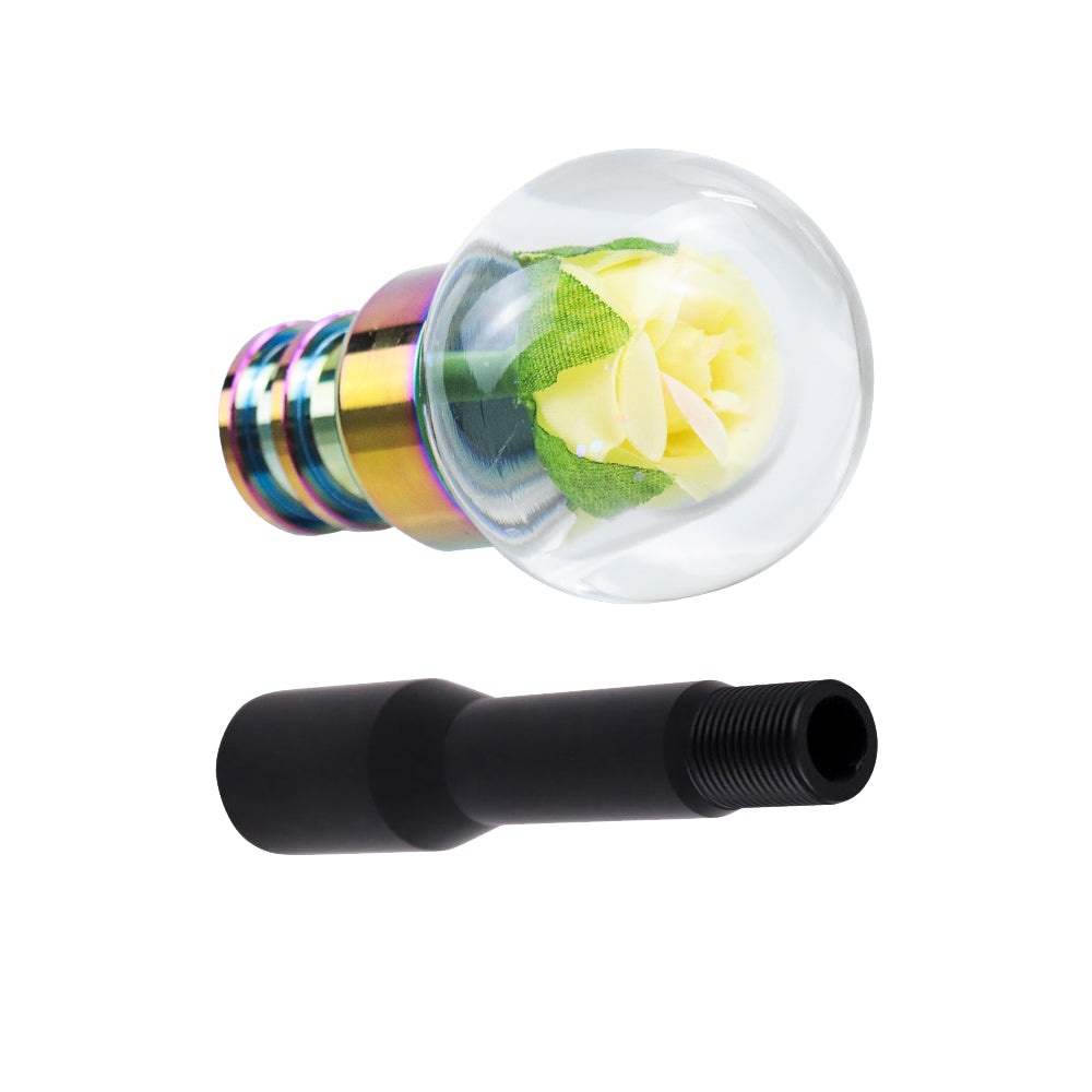 Brand New Universal Acrylic Clear Crystal Yellow Rose Flower Ball Manuel Gear Stick Shift Knob M8 M10 M12 & Black Shifter Extender Extension