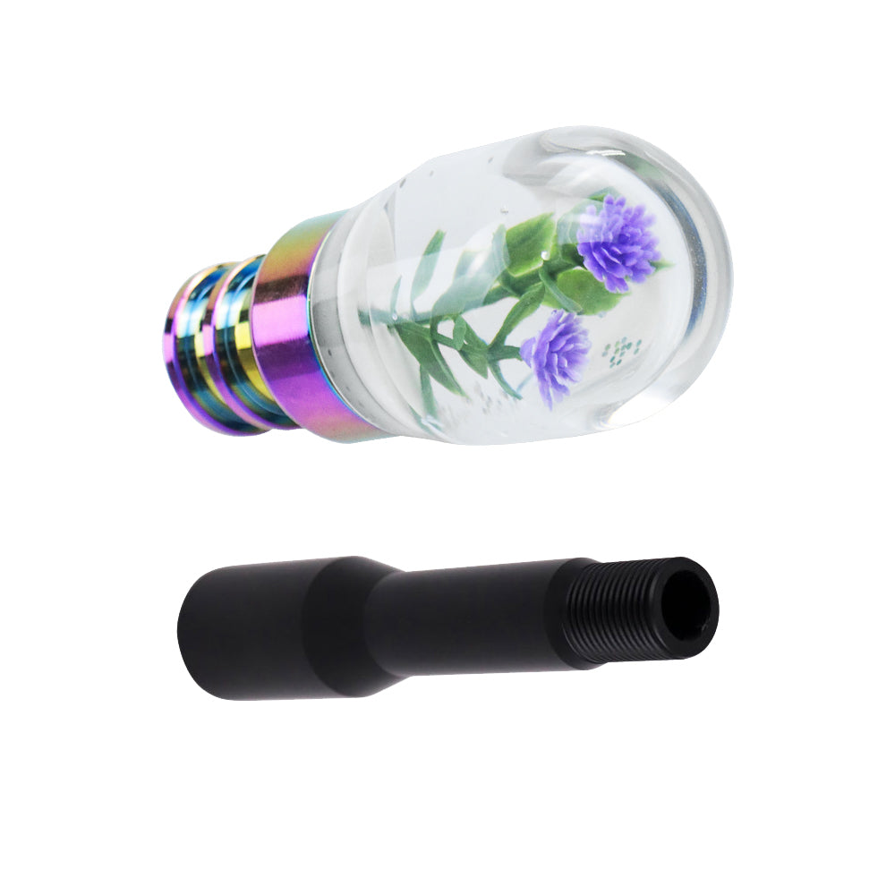 Brand New Acrylic Clear Crystal Purple Flower Long Manuel Gear Stick Shift Knob M8 M10 M12 & Black Shifter Extender Extension