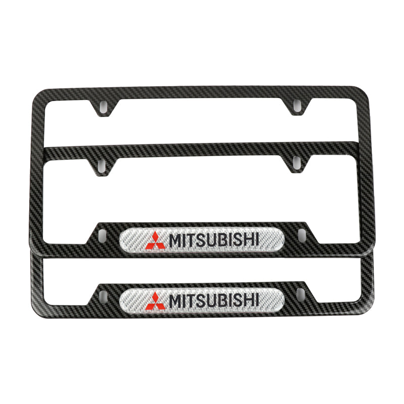 Brand New Universal 2PCS MITSUBISHI Carbon Fiber Look Metal License Plate Frame