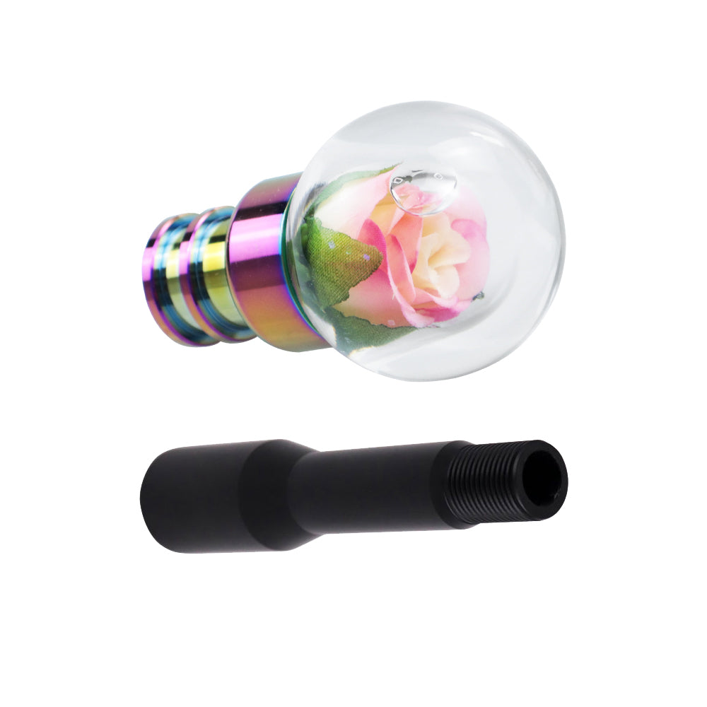 Brand New Universal Acrylic Clear Crystal Yellow/Pink Rose Flower Ball Manuel Gear Stick Shift Knob M8 M10 M12 & Black Shifter Extender Extension