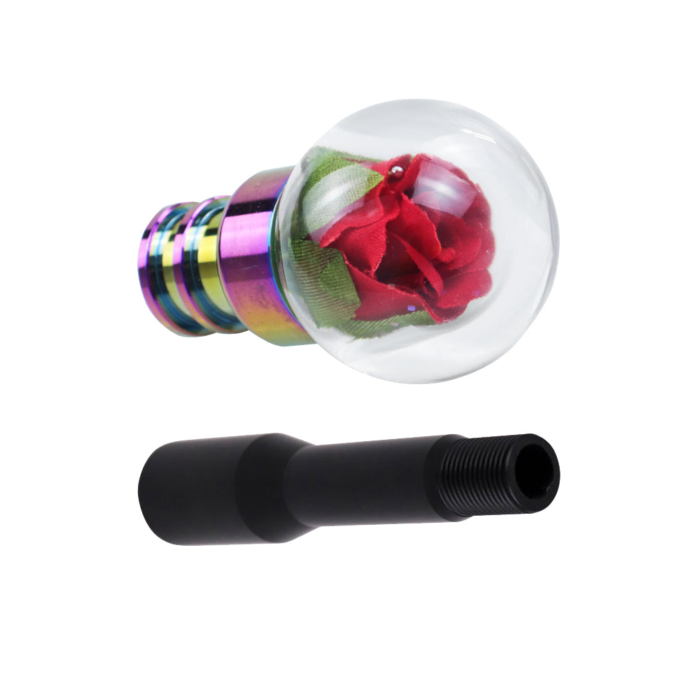 Brand New Universal Acrylic Clear Crystal Red Rose Flower Ball Manuel Gear Stick Shift Knob M8 M10 M12 & Black Shifter Extender Extension