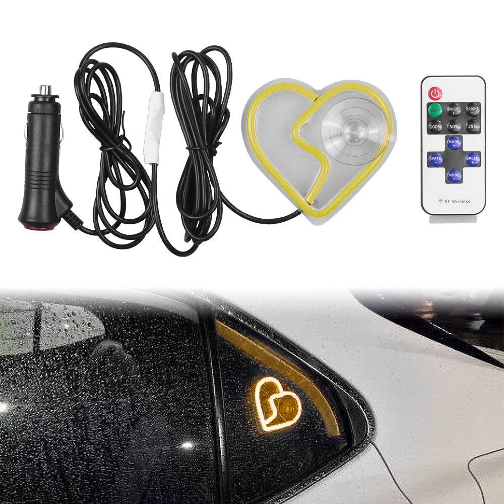 BRAND NEW UNIVERSAL BROKEN LOVE HEART YELLOW LED Neon Flash Light Car Wind Glow Electric Remote Control Lamp