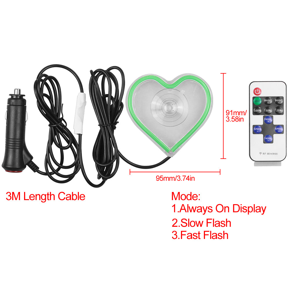 BRAND NEW UNIVERSAL LOVE HEART GREEN LED Neon Flash Light Car Window Glow Electric Remote Control Lamp