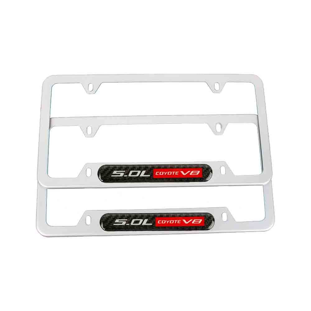 Brand New Universal 2PCS 5.0L COYOTE V8 Silver Metal License Plate Frame