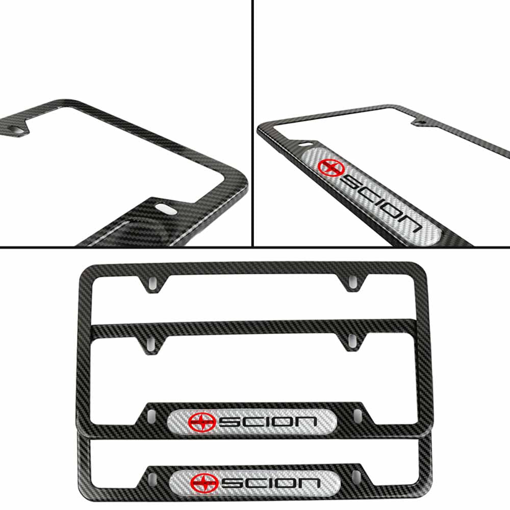 Brand New Universal 2PCS Scion Carbon Fiber Look Metal License Plate Frame