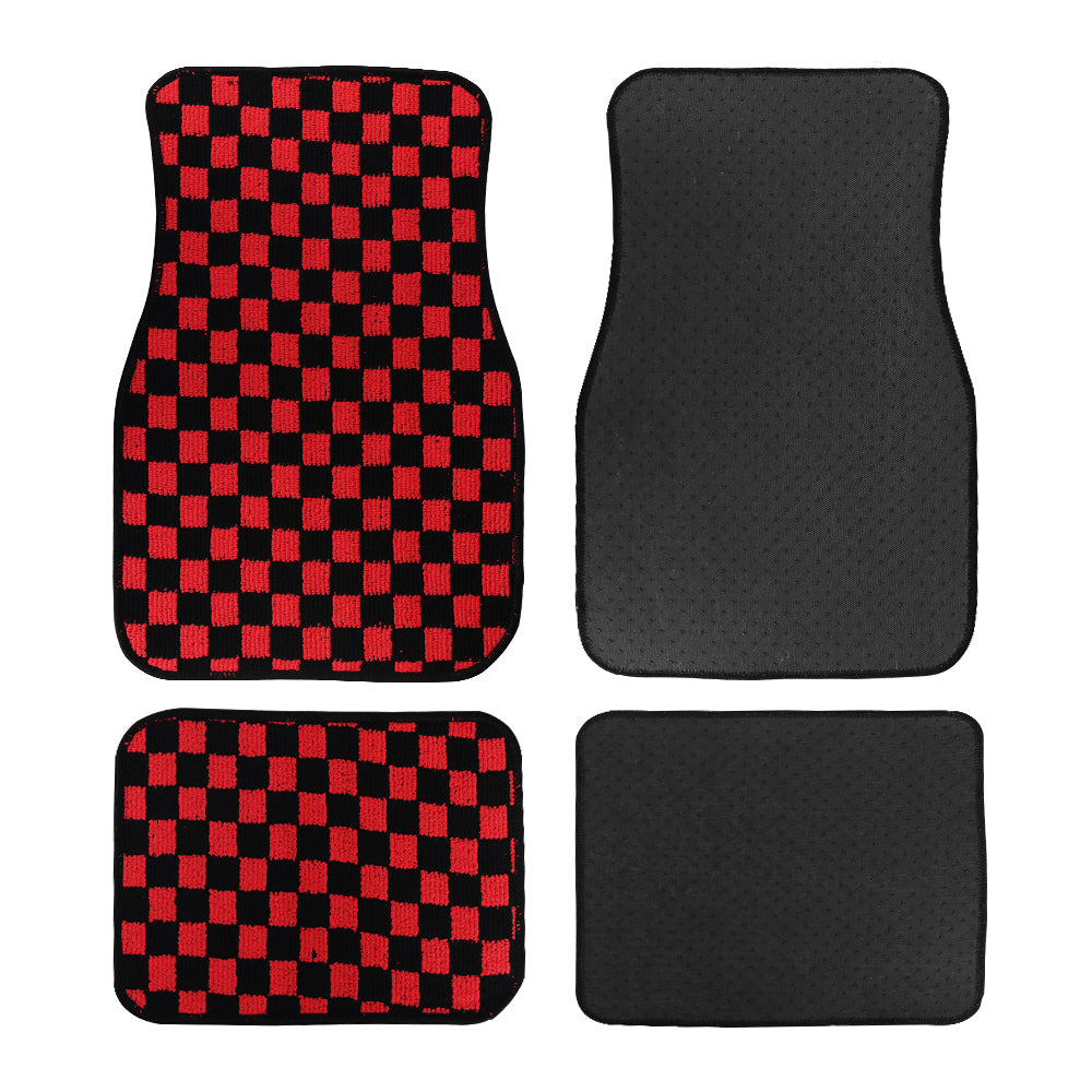 Brand New 4PCS UNIVERSAL CHECKERED Red Racing Fabric Car Floor Mats Interior Carpets