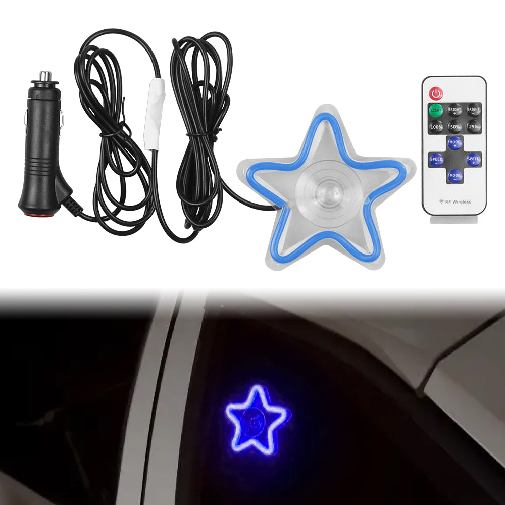 BRAND NEW UNIVERSAL STAR SHAPED BLUE LED Neon Flash Light Car Window Glow Electric Remote Control Lamp