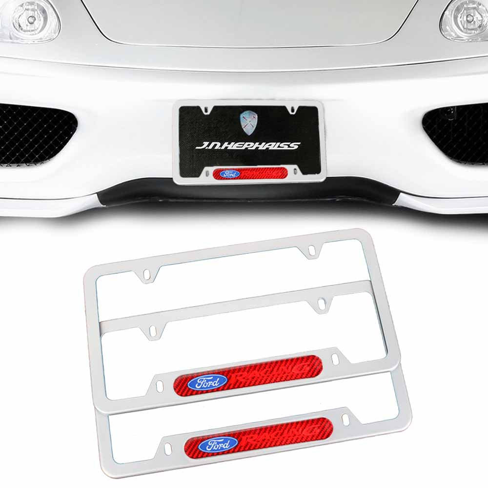 Brand New Universal 2PCS FORD RACING Silver Metal License Plate Frame