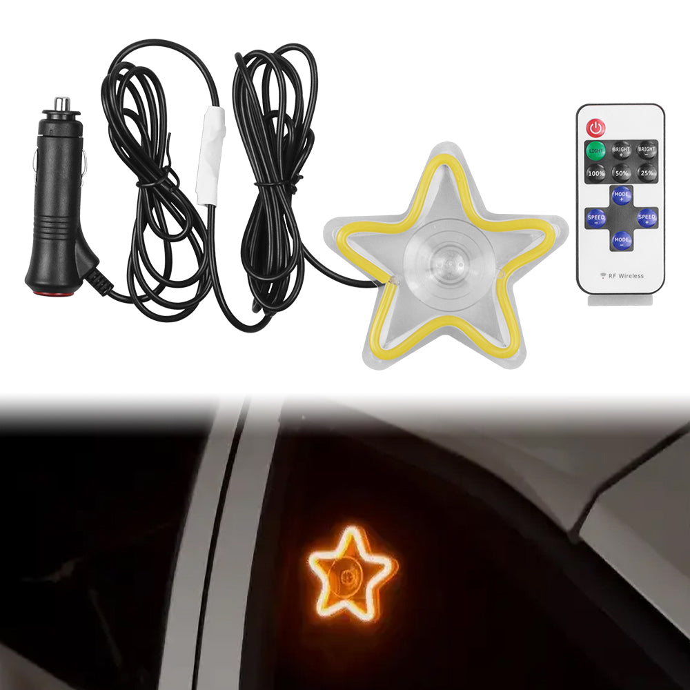 BRAND NEW UNIVERSAL STAR SHAPED YELLOW LED Neon Flash Light Car Window Glow Electric Remote Control Lamp