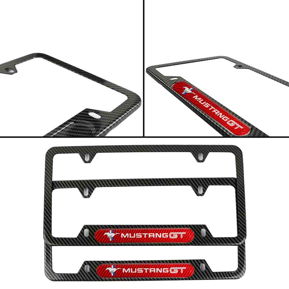 Brand New Universal 2PCS Mustang GT Carbon Fiber Look Metal License Plate Frame