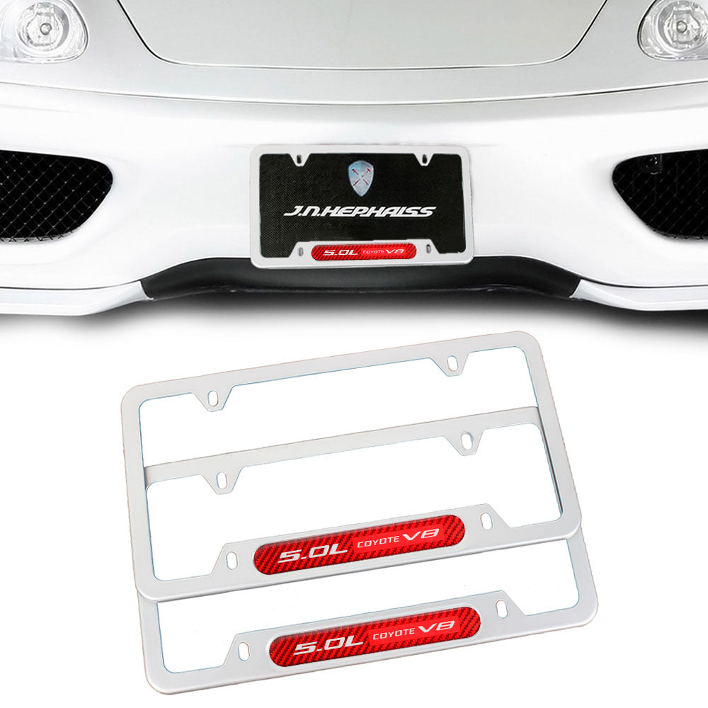 Brand New Universal 2PCS 5.0L COYOTE V8 Silver Metal License Plate Frame