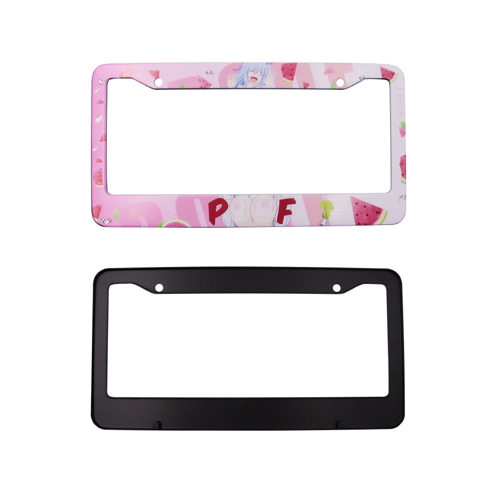 Brand New Universal 2PCS Anime Girl Poof Metal Pink License Plate Frame