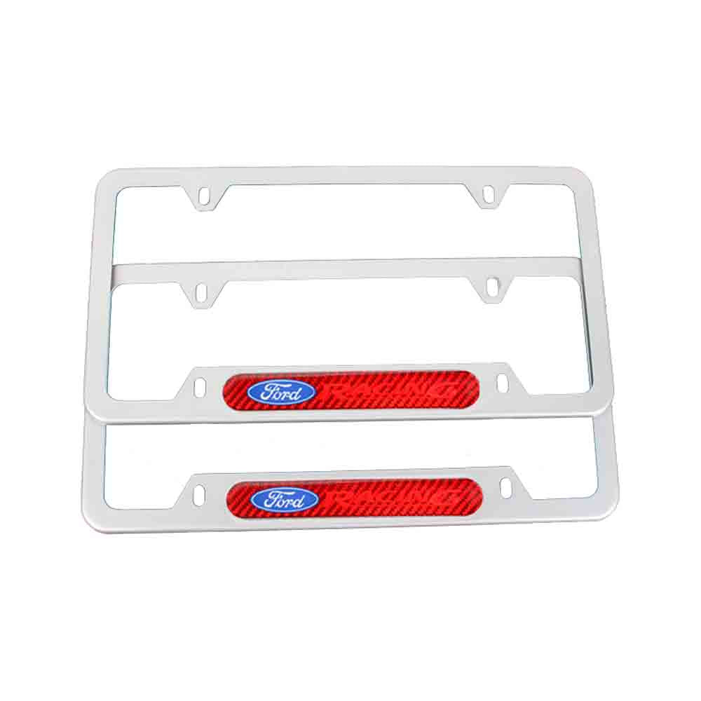 Brand New Universal 2PCS FORD RACING Silver Metal License Plate Frame