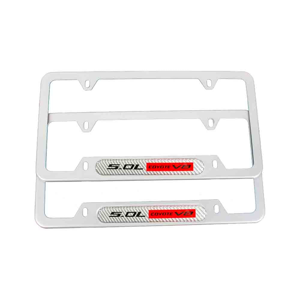 Brand New Universal 2PCS 5.0L COYOTE V8 Silver Metal License Plate Frame