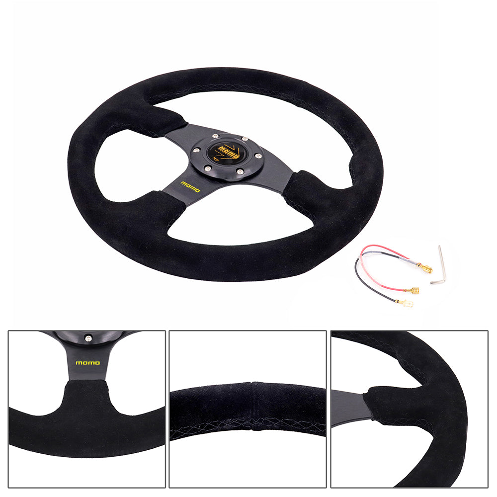 Brand New 14" MOMO Style Racing Black Stitching Leather Suede Sport Steering Wheel w Horn Button