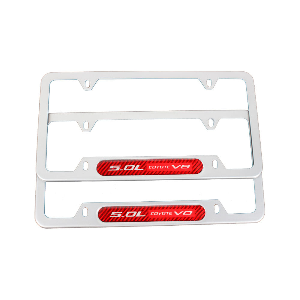 Brand New Universal 2PCS 5.0L COYOTE V8 Silver Metal License Plate Frame