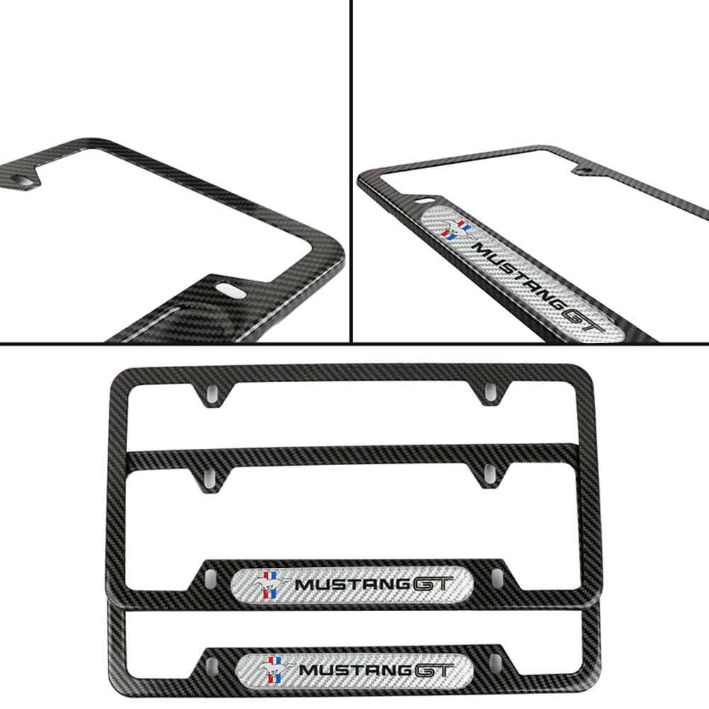 Brand New Universal 2PCS Mustang GT Carbon Fiber Look Metal License Plate Frame