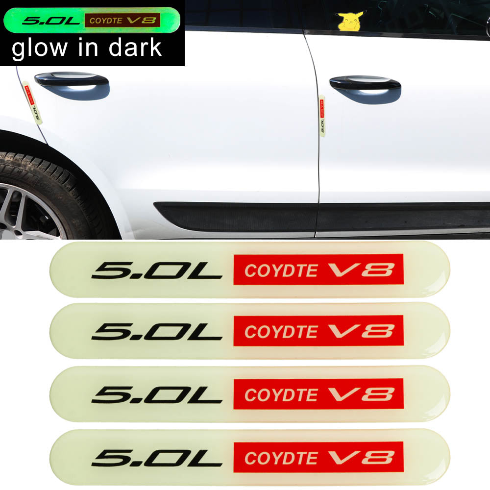 Brand New 4PCS 5.0L COYOTE V8 Glows in Dark Green Car Trunk Side Fenders Door Badge Scratch Guard Sticker