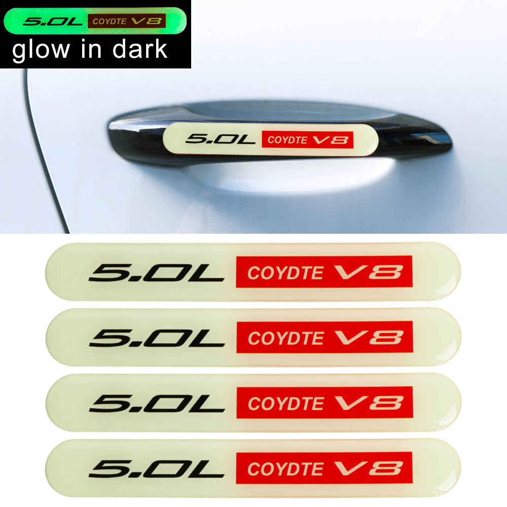 Brand New 4PCS 5.0L COYOTE V8 Glows in Dark Green Car Trunk Side Fenders Door Badge Scratch Guard Sticker