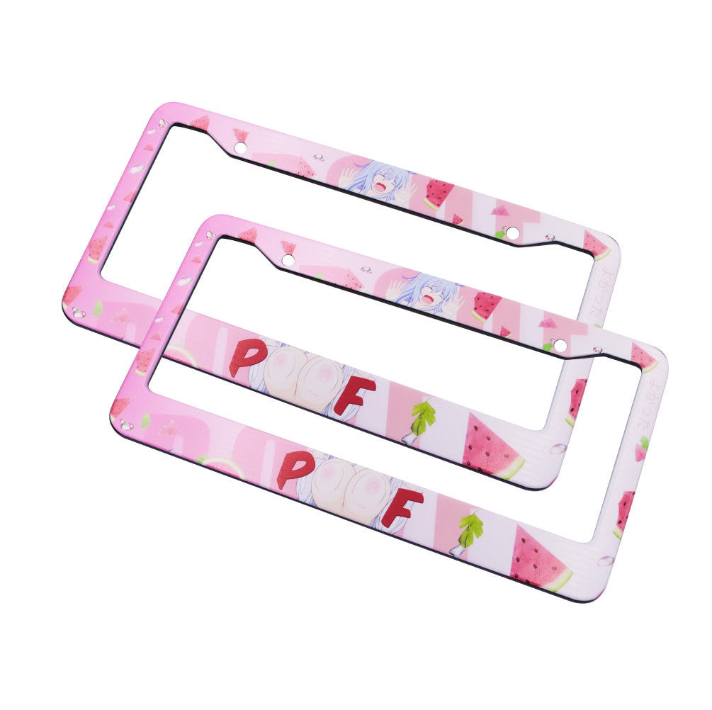 Brand New Universal 2PCS Anime Girl Poof Metal Pink License Plate Frame