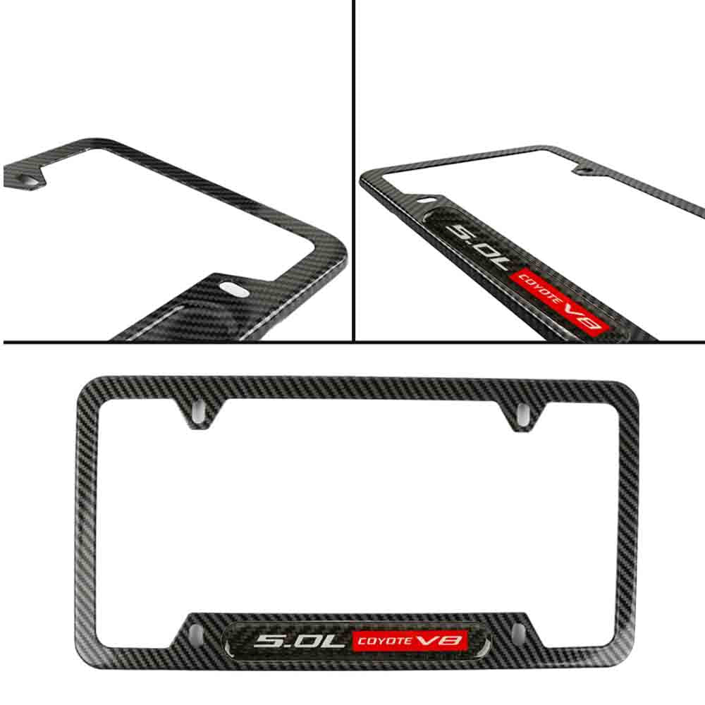 Brand New Universal 1PCS 5.0L COYOTE V8 Carbon Fiber Look Metal License Plate Frame