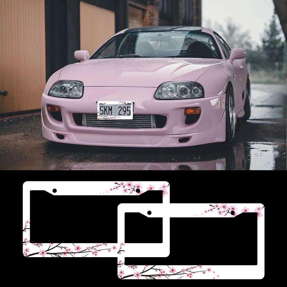 Brand New Universal 2PCS Sakura JDM Flower ABS Plastic White License Plate Frame