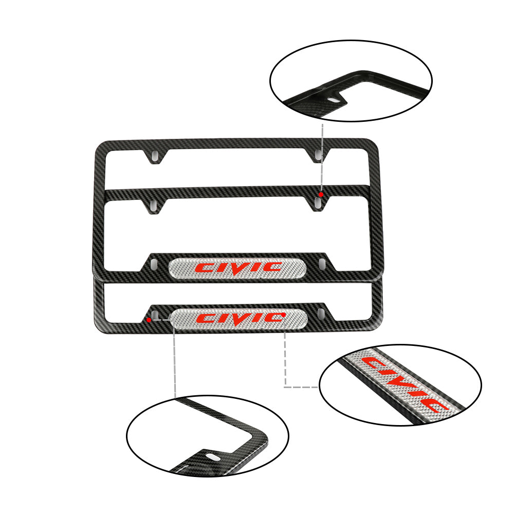 Brand New Universal 2PCS CIVIC Carbon Fiber Look Metal License Plate Frame