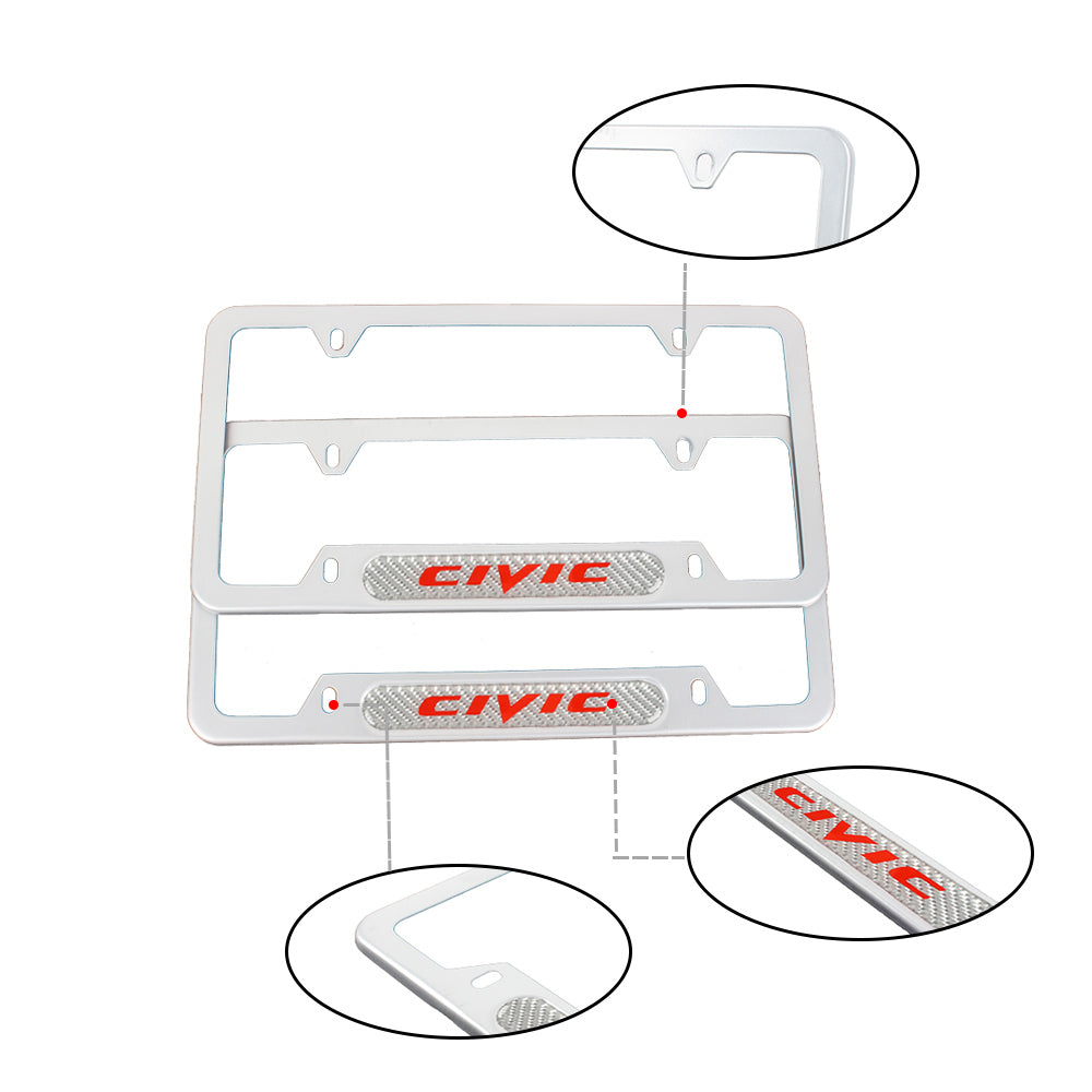 Brand New Universal 2PCS Civic Silver Metal License Plate Frame