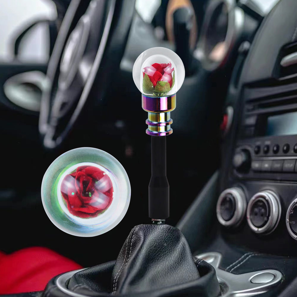 Brand New Universal Acrylic Clear Crystal Red Rose Flower Ball Manuel Gear Stick Shift Knob M8 M10 M12 & Black Shifter Extender Extension